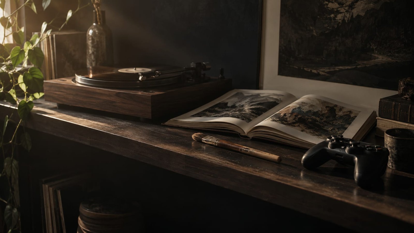 Estante escura com um toca-discos, um livro aberto, um pincel e um controle de videogame lado a lado, sob luz lateral quente