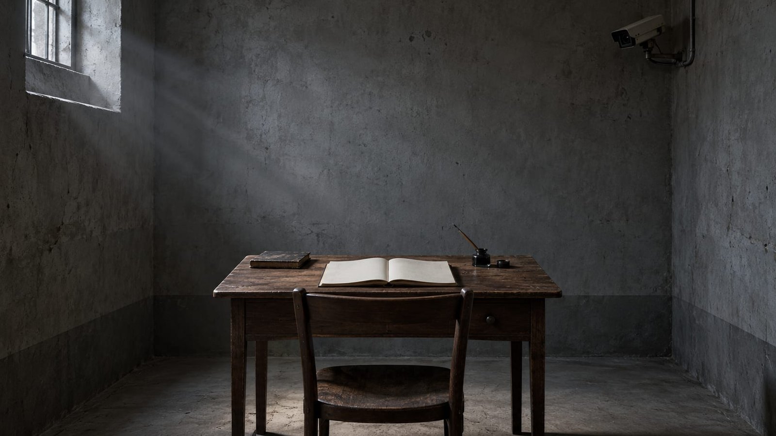 Sala nua de concreto com uma pequena mesa de madeira, um caderno aberto em branco e uma caneta antiga, e uma câmera de vigilância no alto do canto, sob luz cinzenta e fria