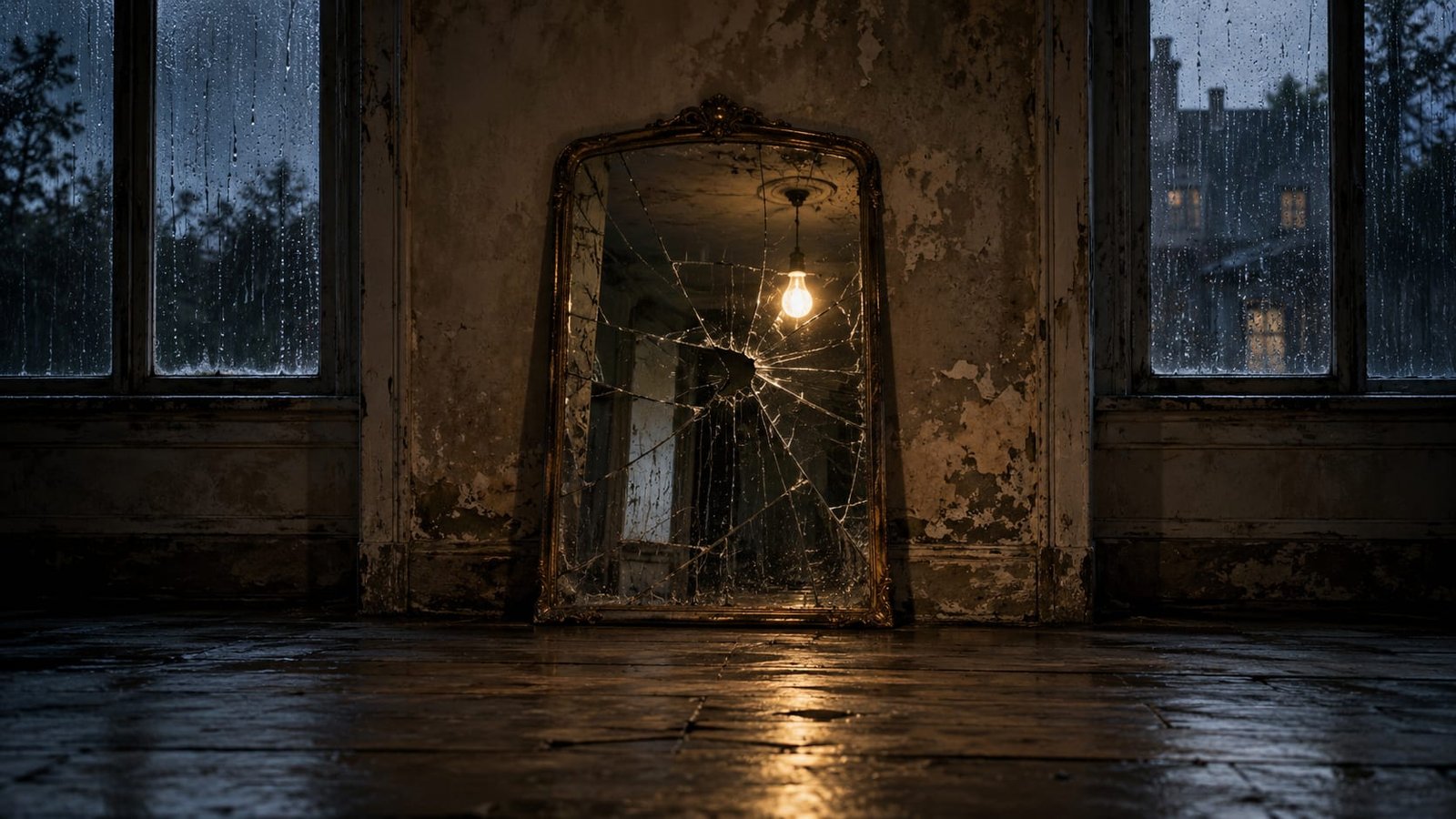 Espelho rachado encostado numa parede úmida de um quarto vazio, refletindo uma única lâmpada nua, com a chuva escorrendo por uma janela escura