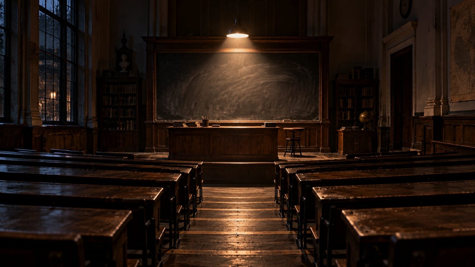 Sala de aula antiga à noite, com fileiras de bancos de madeira vazios e um quadro-negro apagado sob uma única luminária, poeira de giz suspensa na luz