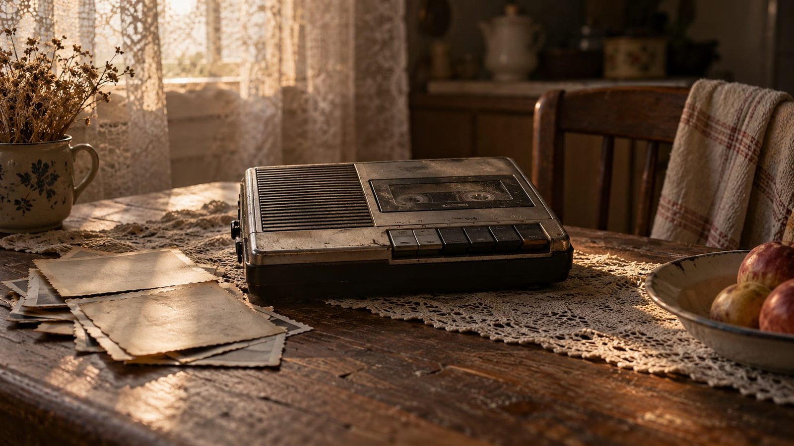 Gravador de fita cassete antigo sobre uma mesa de cozinha gasta, ao lado de uma pilha de fotografias de família desbotadas viradas para baixo, sob a luz do fim da tarde atravessando cortinas de renda
