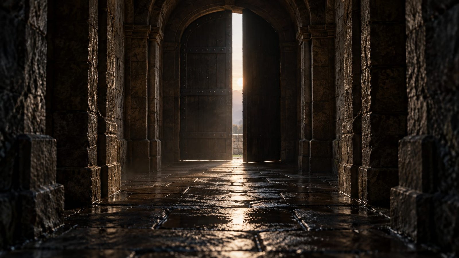 Porta de ferro pesada entreaberta em um corredor de pedra escuro, com uma linha fina de luz do amanhecer atravessando o chão molhado
