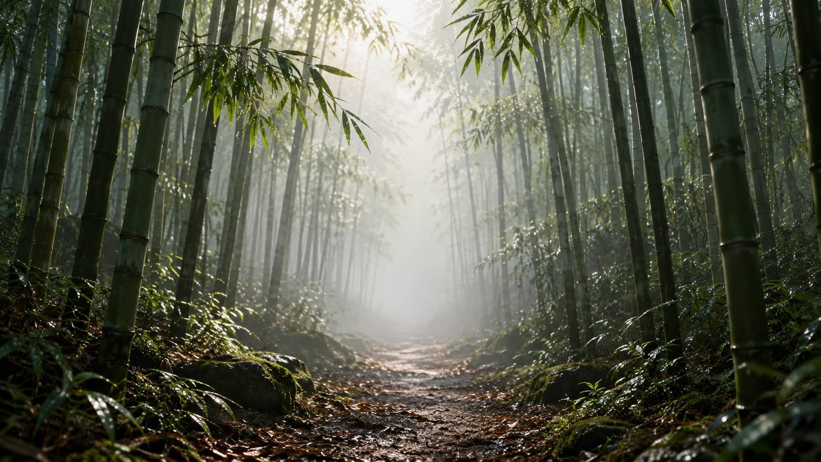 Névoa da manhã atravessando um bambuzal alto, com uma trilha estreita de terra que some na neblina branca e gotas de orvalho brilhando nas folhas