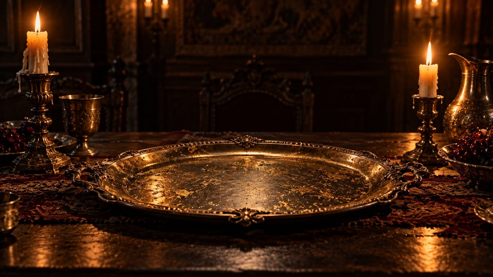 Uma travessa de banquete vazia sobre uma mesa de madeira escura, coberta por um fino véu dourado, à luz de velas.