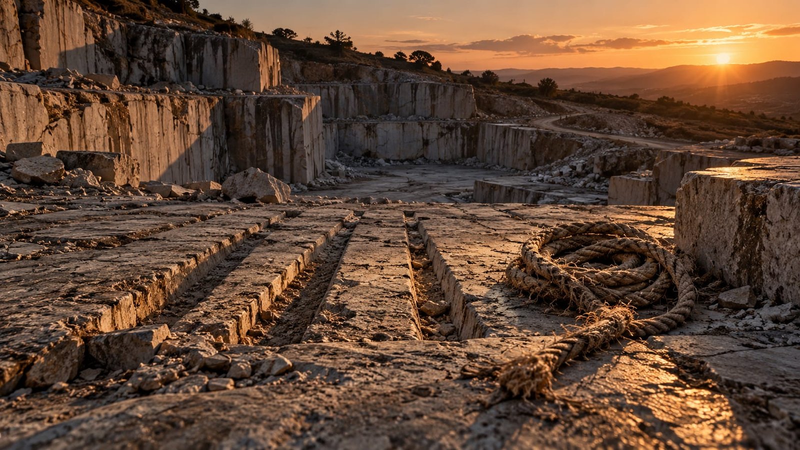 Uma pedreira vazia ao entardecer, com uma corda desgastada enrolada ao lado de sulcos profundos gravados na rocha, sombras longas se estendendo pelo chão.