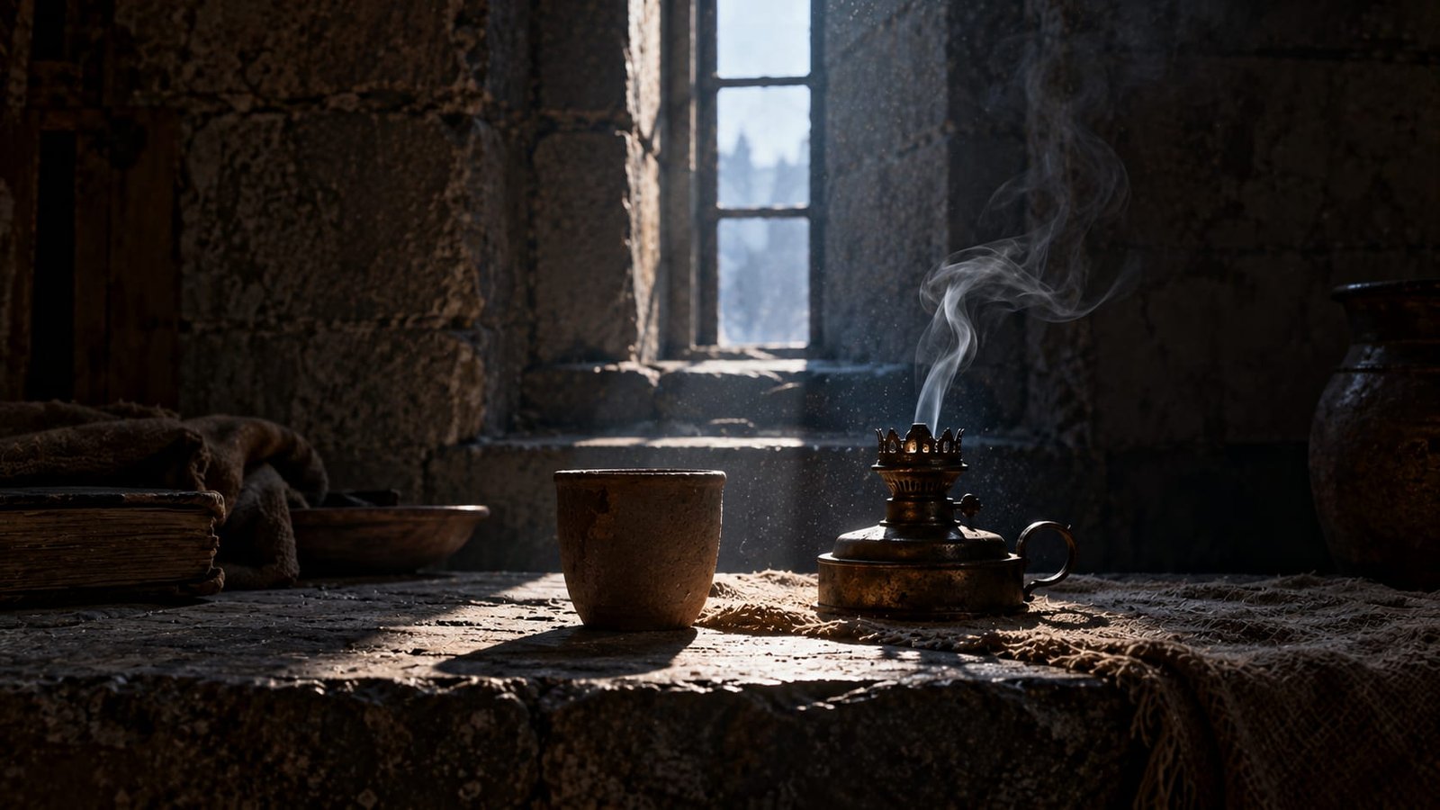 Taça de barro simples e uma lamparina de óleo recém-apagada, com um fio de fumaça subindo, sobre um parapeito de pedra sob uma janela estreita que deixa entrar um único feixe de luz fria
