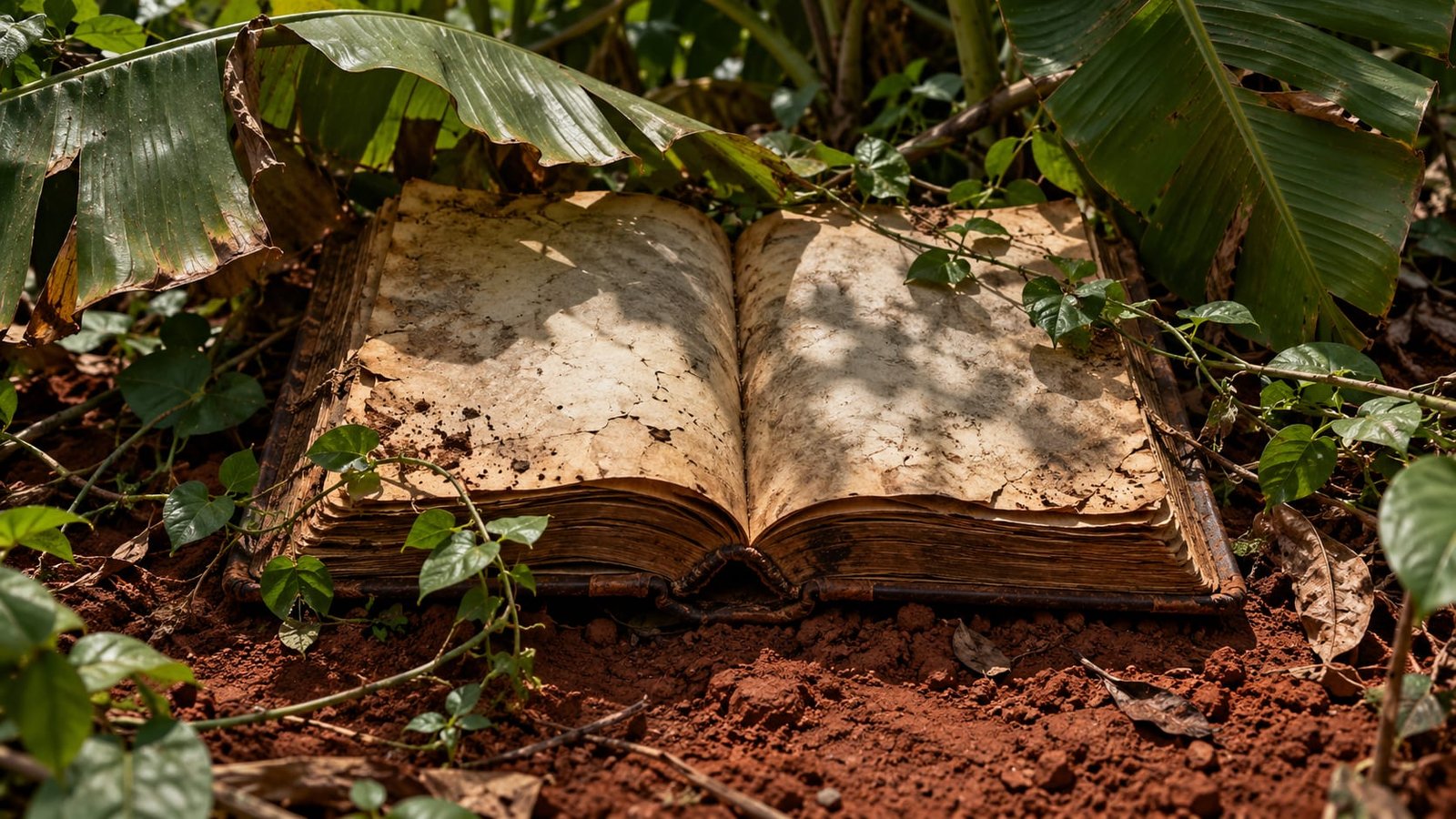 Livro antigo encadernado em couro, aberto sobre terra vermelha e parcialmente tomado por folhas de bananeira e trepadeiras verdes, sob a luz forte do meio-dia