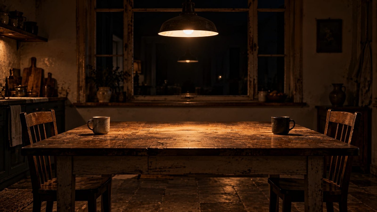 Duas xícaras de café deixadas em pontas opostas de uma mesa de cozinha comprida e vazia, à noite, sob uma única luminária pendente, com a janela escura refletindo só o cômodo vazio