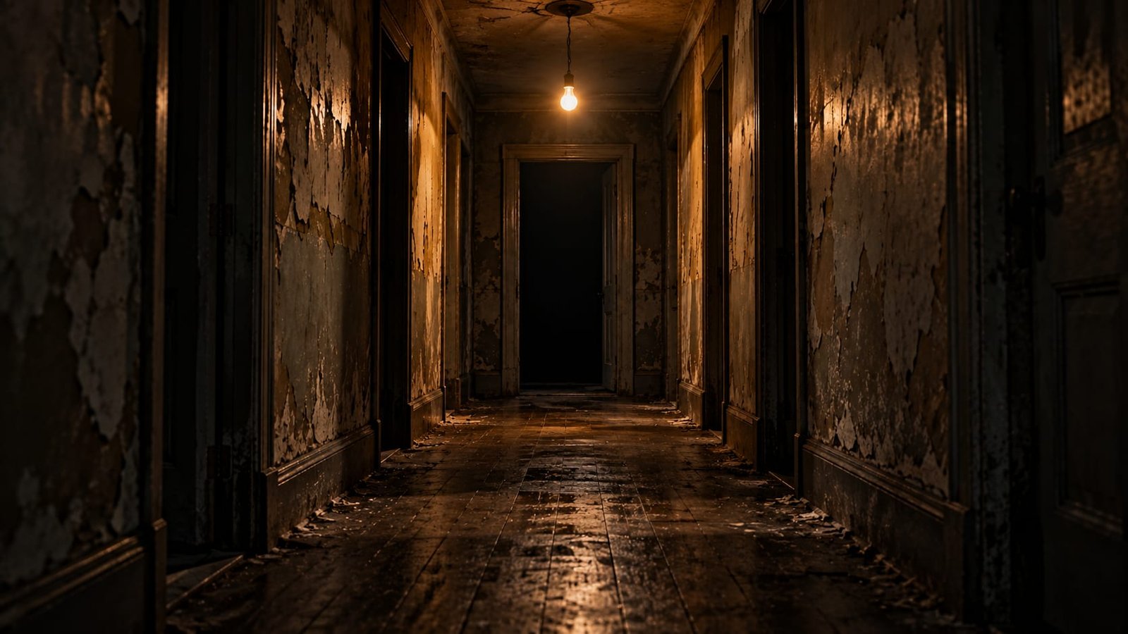 Corredor comprido e vazio iluminado por uma única lâmpada nua que pisca, com sombras irregulares nas paredes descascadas e uma porta aberta ao fundo que só mostra escuridão