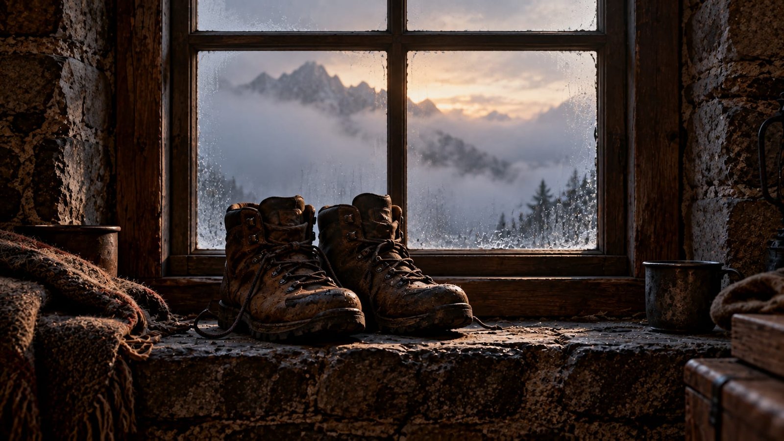 Par de botas de couro gastas no parapeito de pedra da janela de um abrigo de montanha, com névoa densa encostada no vidro e o contorno de uma serra quase invisível ao fundo, na luz pálida do amanhecer