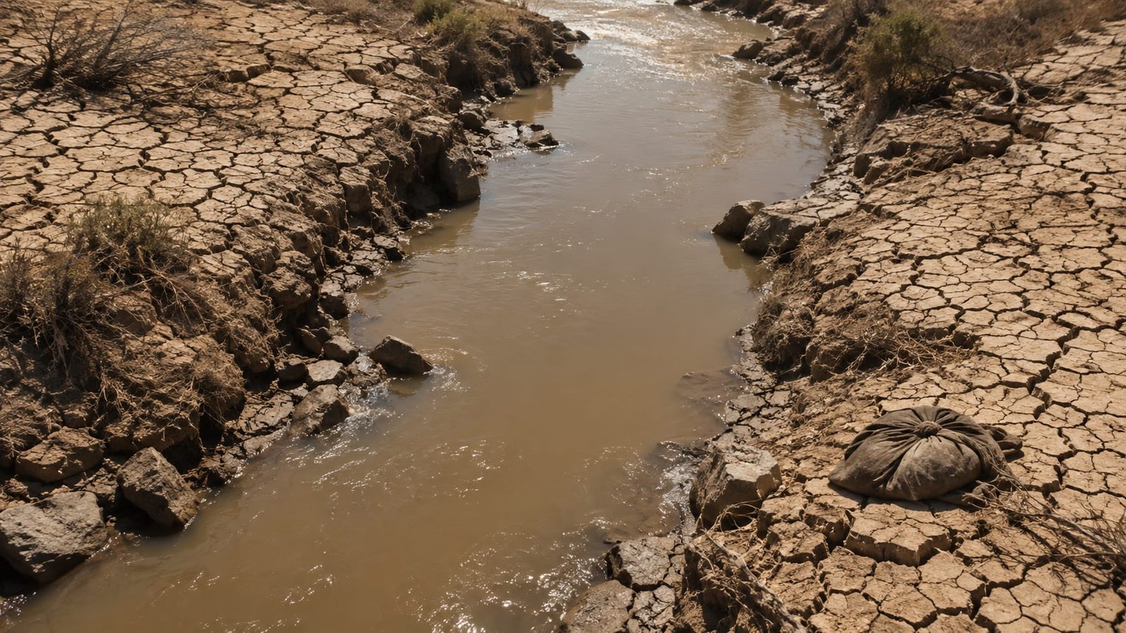 Um rio estreito e barrento visto de cima, margeado por terra rachada de seca, com uma trouxa de pano surrada largada na margem.