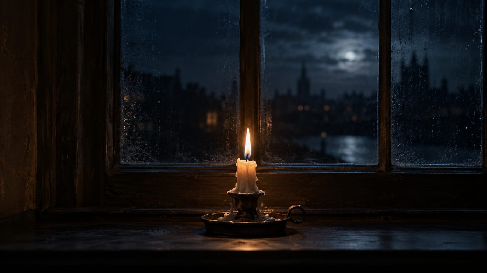 Uma vela quase consumida, ainda acesa, sobre o parapeito de uma janela escura à noite.