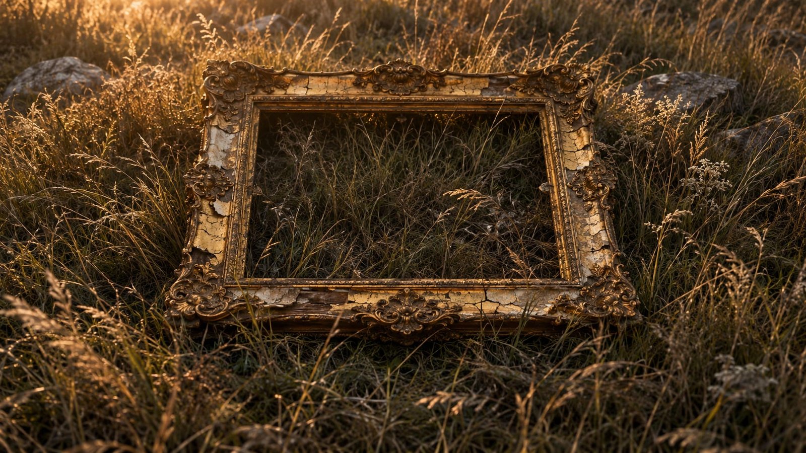 Uma moldura dourada ornamentada, vazia e rachada, caída sobre um gramado seco e alto, o dourado se desfazendo, luz quente de fim de tarde.
