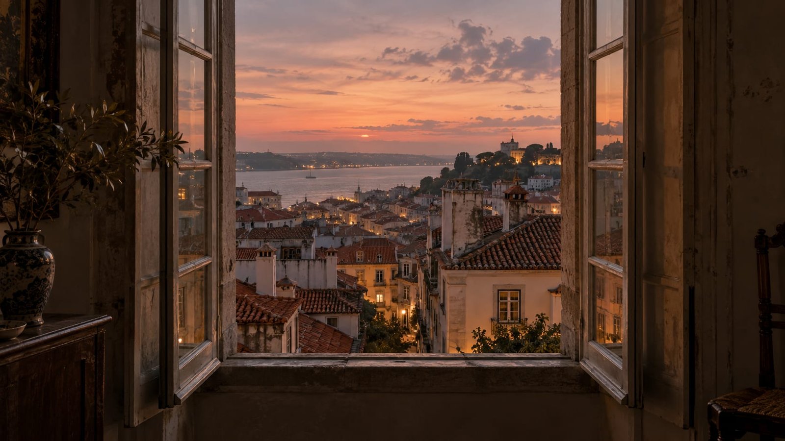 Vista de uma janela aberta num apartamento antigo de Lisboa ao entardecer, sobre telhados e chaminés, com um céu rosado ao fundo e luzes distantes de rua.