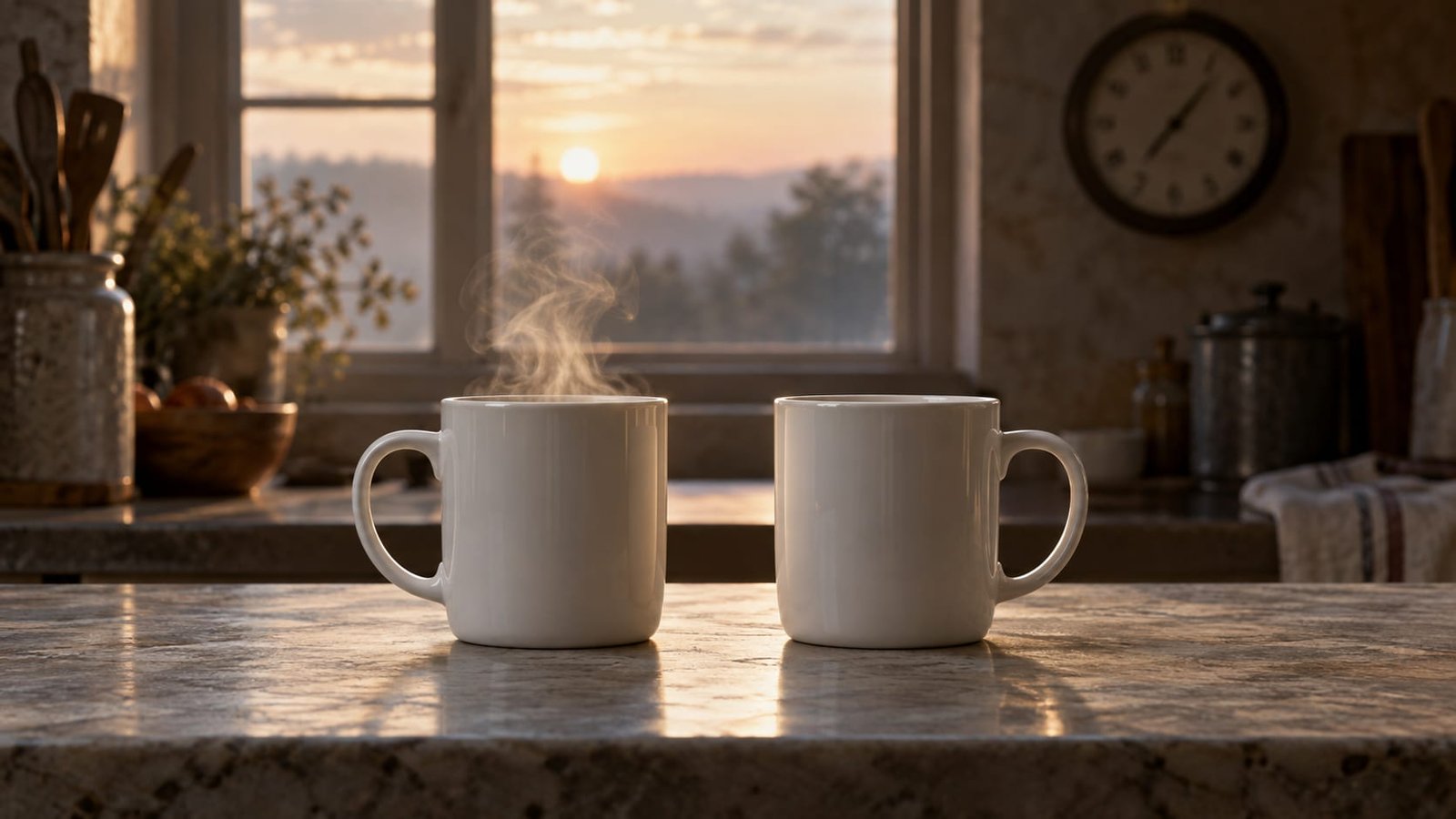 Duas canecas iguais sobre uma bancada de cozinha ao amanhecer, uma soltando vapor e a outra fria, com um relógio de parede desfocado ao fundo