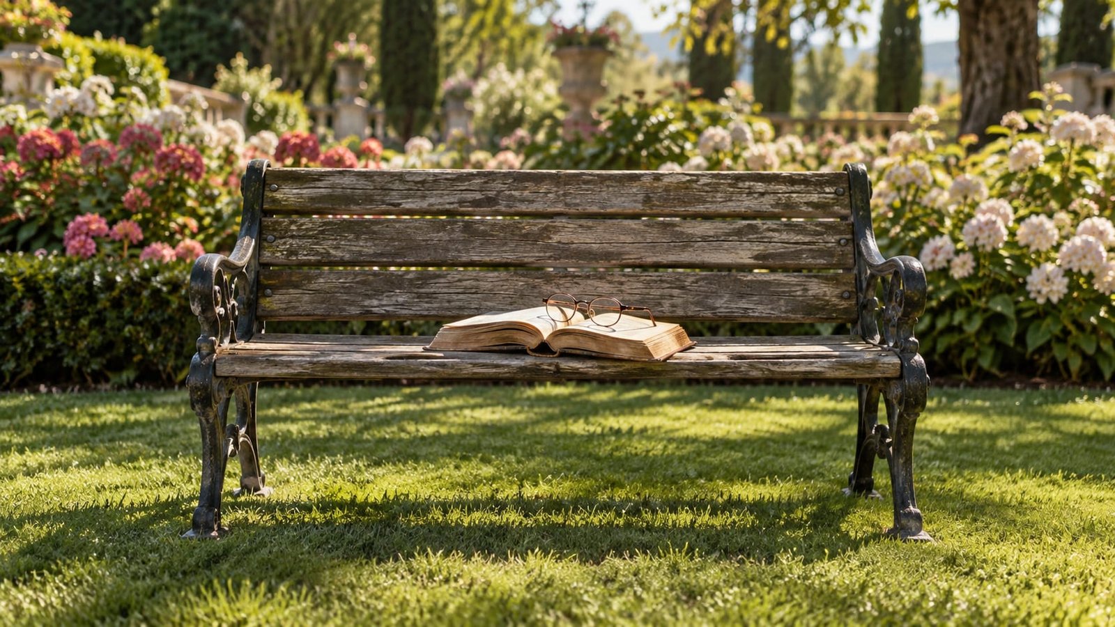 Banco de praça ensolarado sobre um gramado impecável, com um livro aberto e gasto e um par de óculos de leitura, canteiros de flores desfocados ao fundo