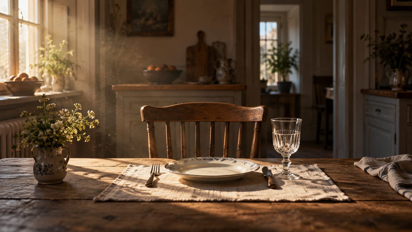 Mesa de jantar posta numa cozinha de subúrbio à luz da tarde, com um prato intocado diante de uma cadeira vazia