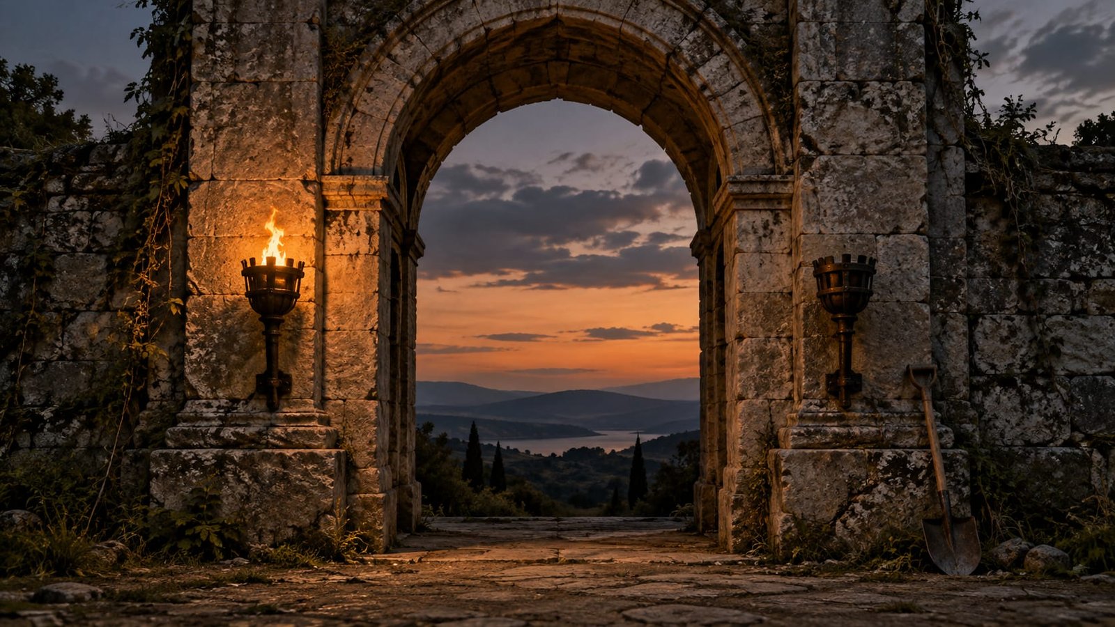Duas tochas de pedra, uma acesa e outra apagada, ao pé de um arco de pedra ao entardecer, com uma pá encostada na parede