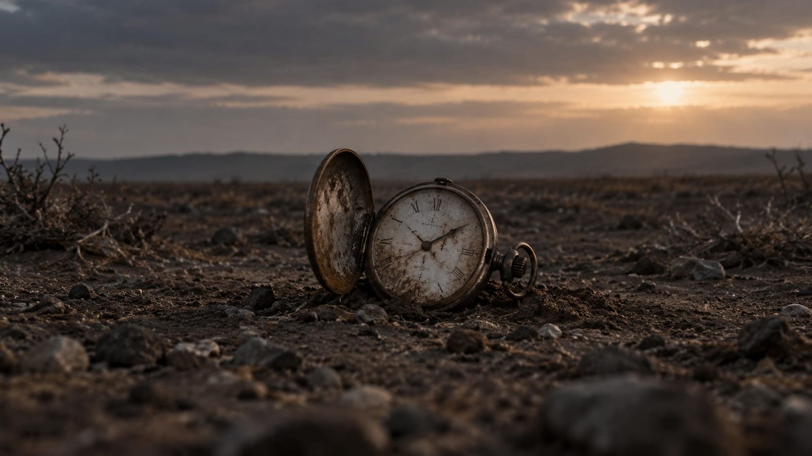 Um relógio de bolso aberto com os ponteiros parados sobre o chão nu, luz fraca, horizonte vazio ao fundo, sem pessoas visíveis