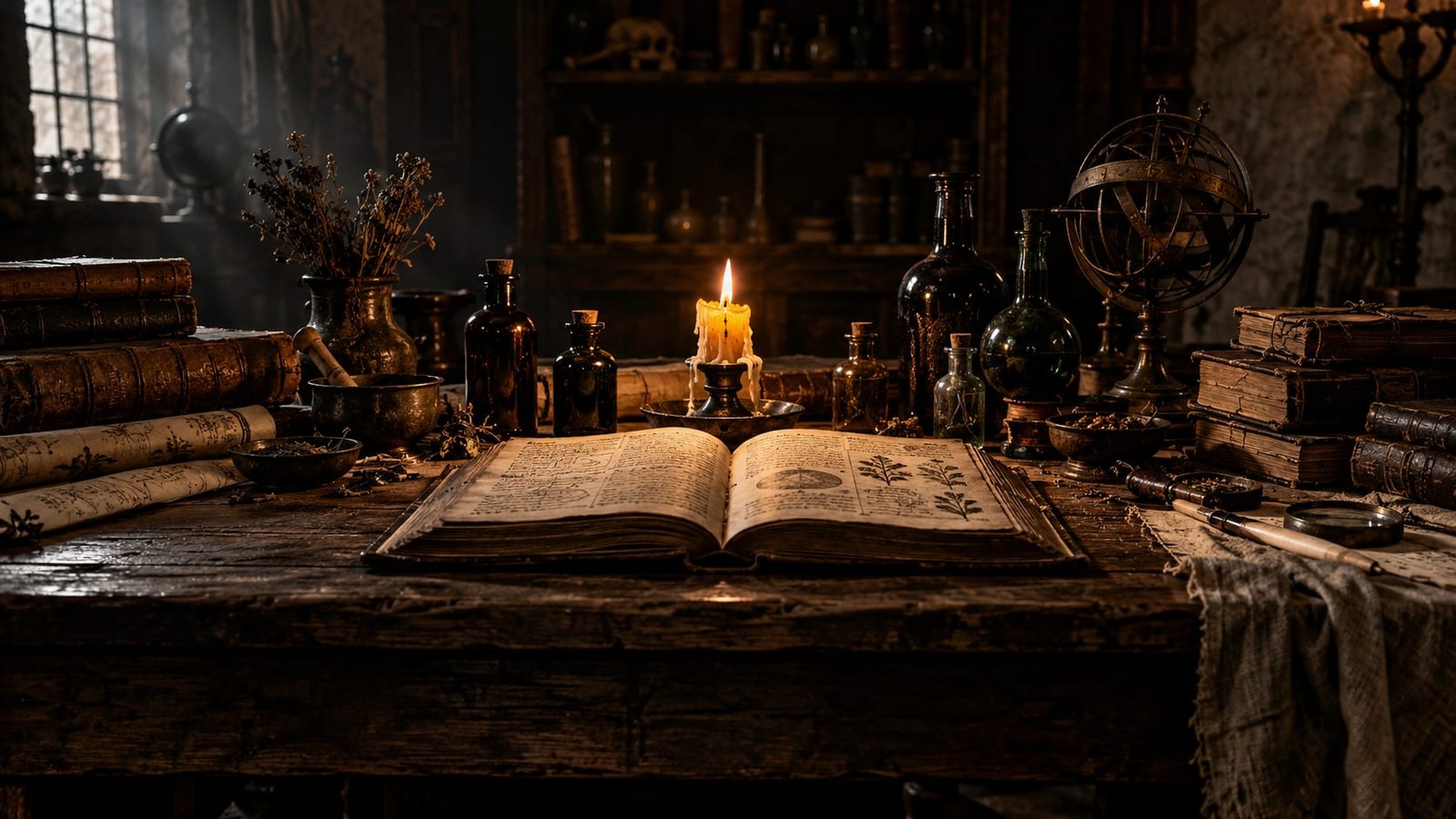 Uma mesa de estudo antiga coberta de livros abertos e frascos de vidro escuro, uma vela quase consumida, sem pessoas visíveis