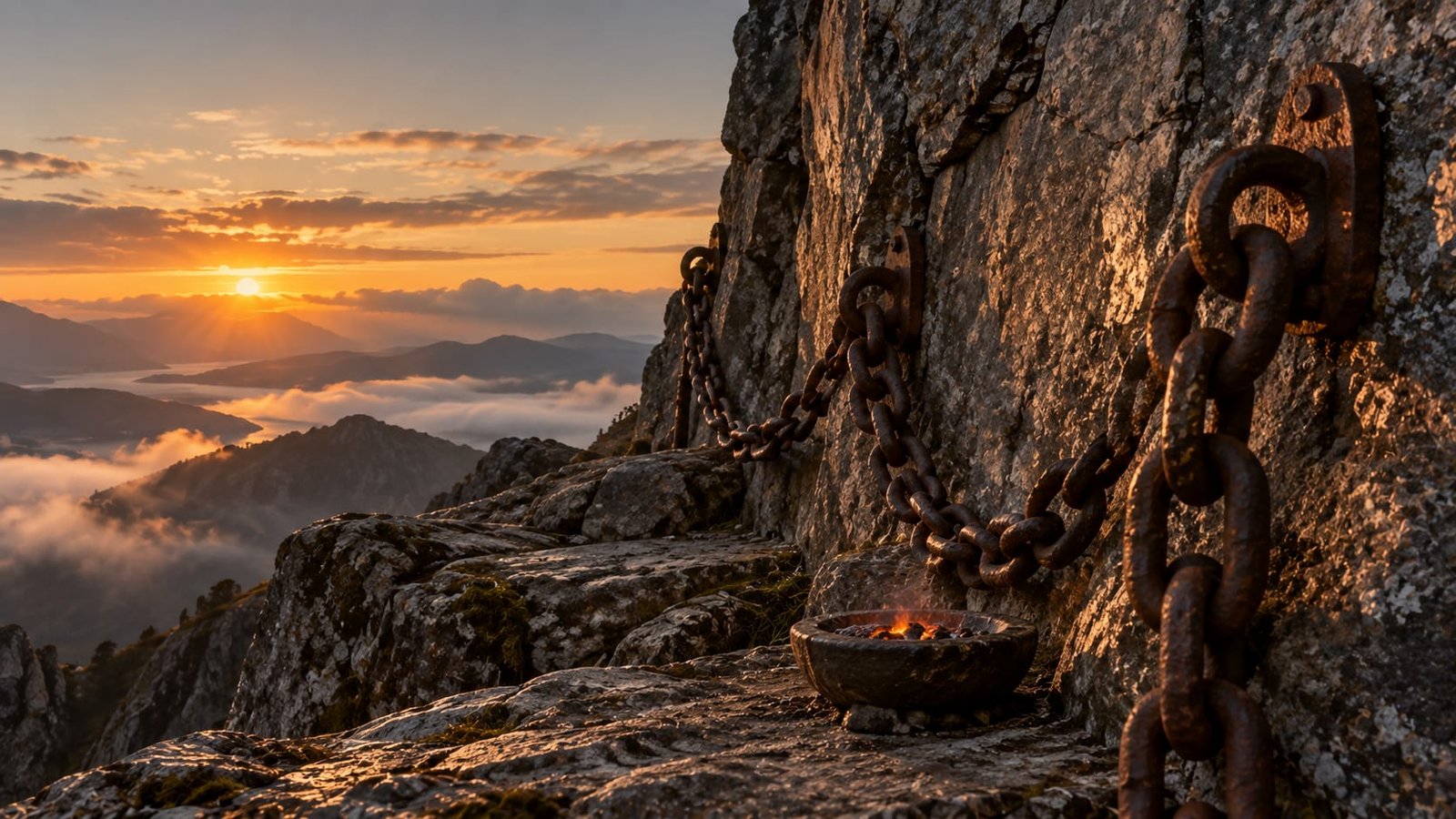 Correntes de ferro enferrujadas presas a uma face de rocha nua ao amanhecer, com uma brasa fraca em uma tigela de pedra ao lado, sem pessoas visíveis