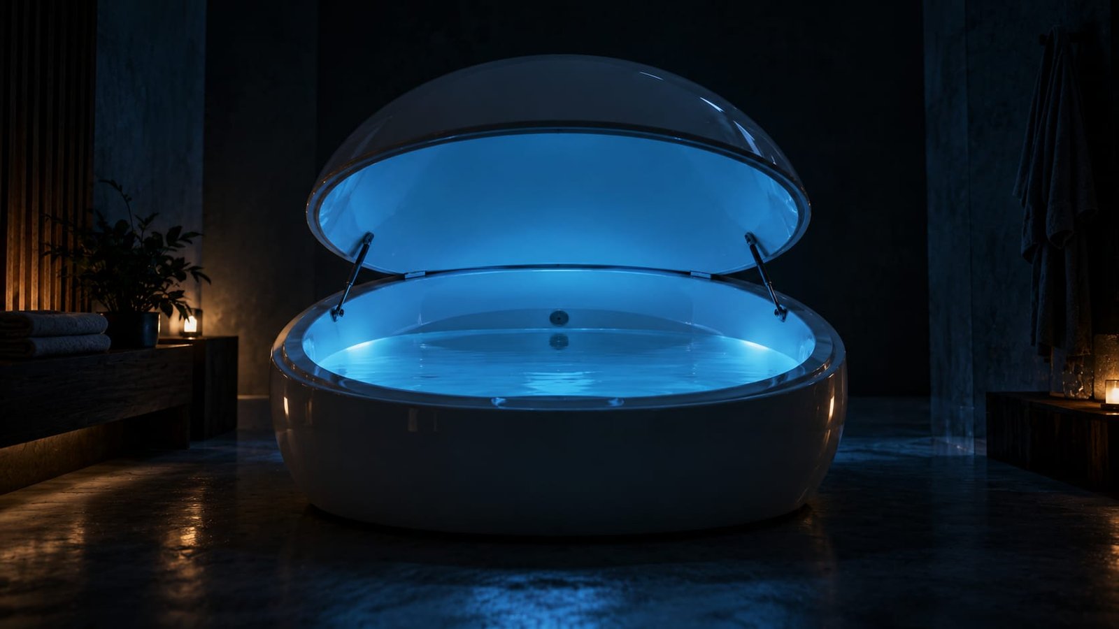 Um tanque de flutuação vazio com a tampa entreaberta, num quarto escuro iluminado por uma luz azulada suave