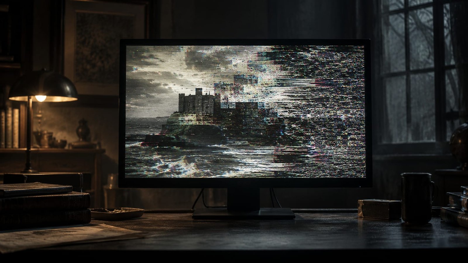 Uma tela de monitor num quarto escuro exibindo um quadro de video congelado que se desfaz em estatica e artefatos coloridos, sem nenhum rosto ou pessoa visivel