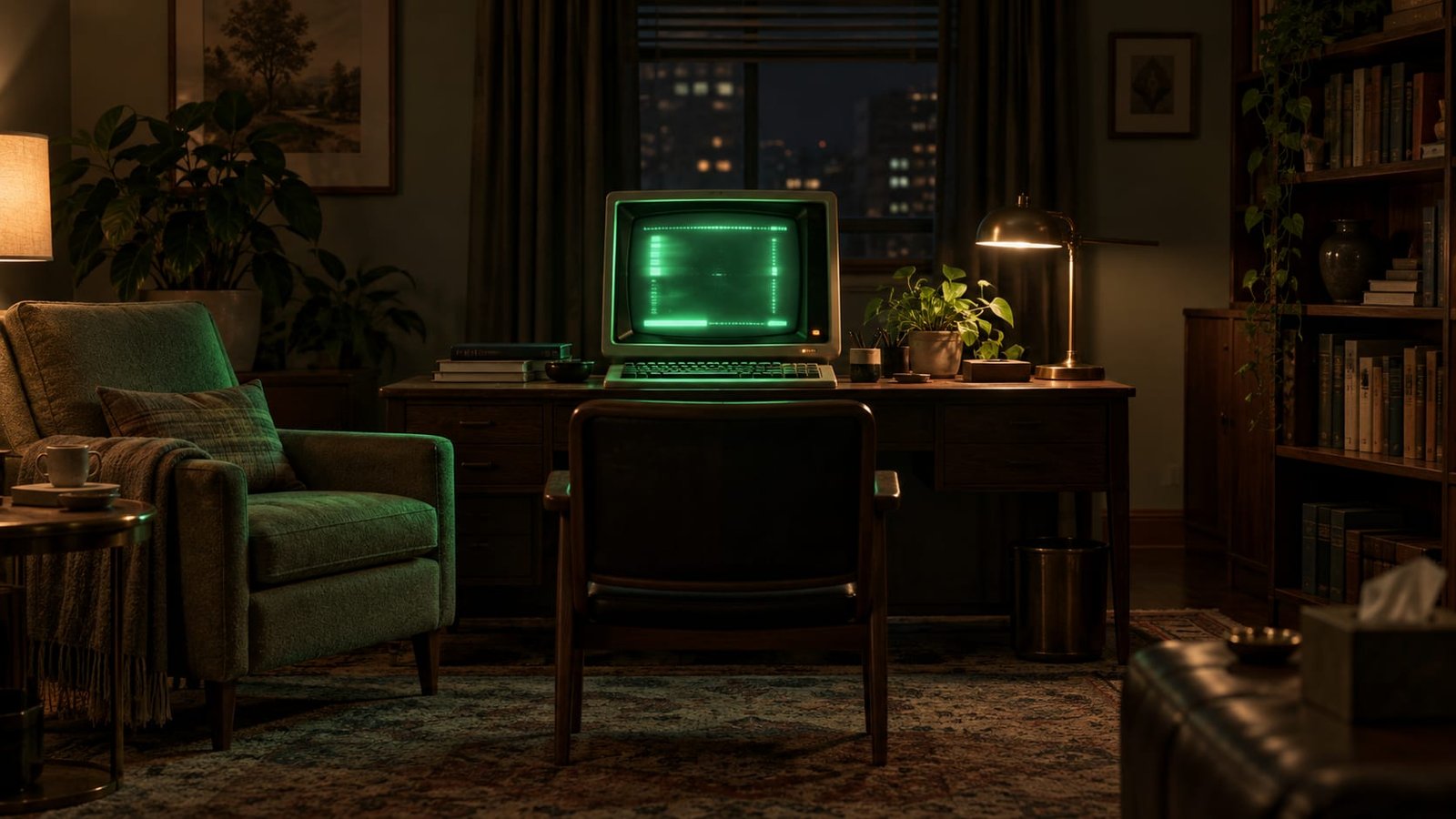 Um terminal de computador antigo de fósforo verde numa sala escura de consultório, a tela refletida numa poltrona vazia ao lado de uma planta