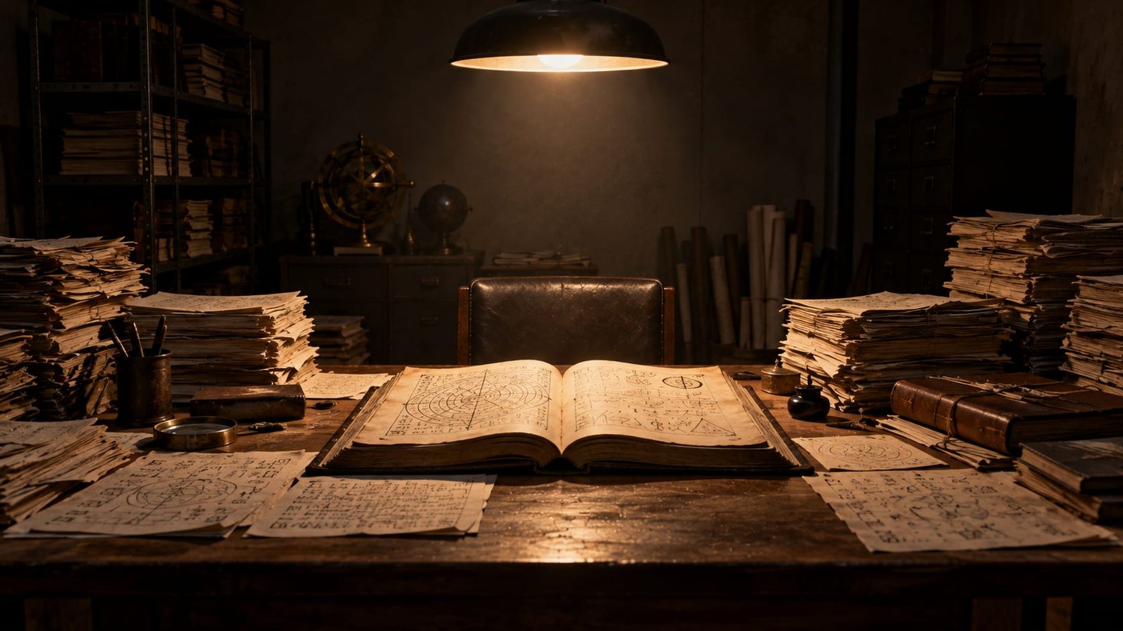 Uma sala fechada sem janelas com pilhas de papéis cobertos de símbolos e um grosso manual de regras aberto sobre uma mesa de madeira