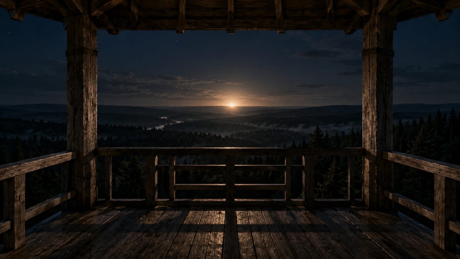 Um horizonte escuro com uma única luz muito distante crescendo, visto do topo de uma torre de observação vazia