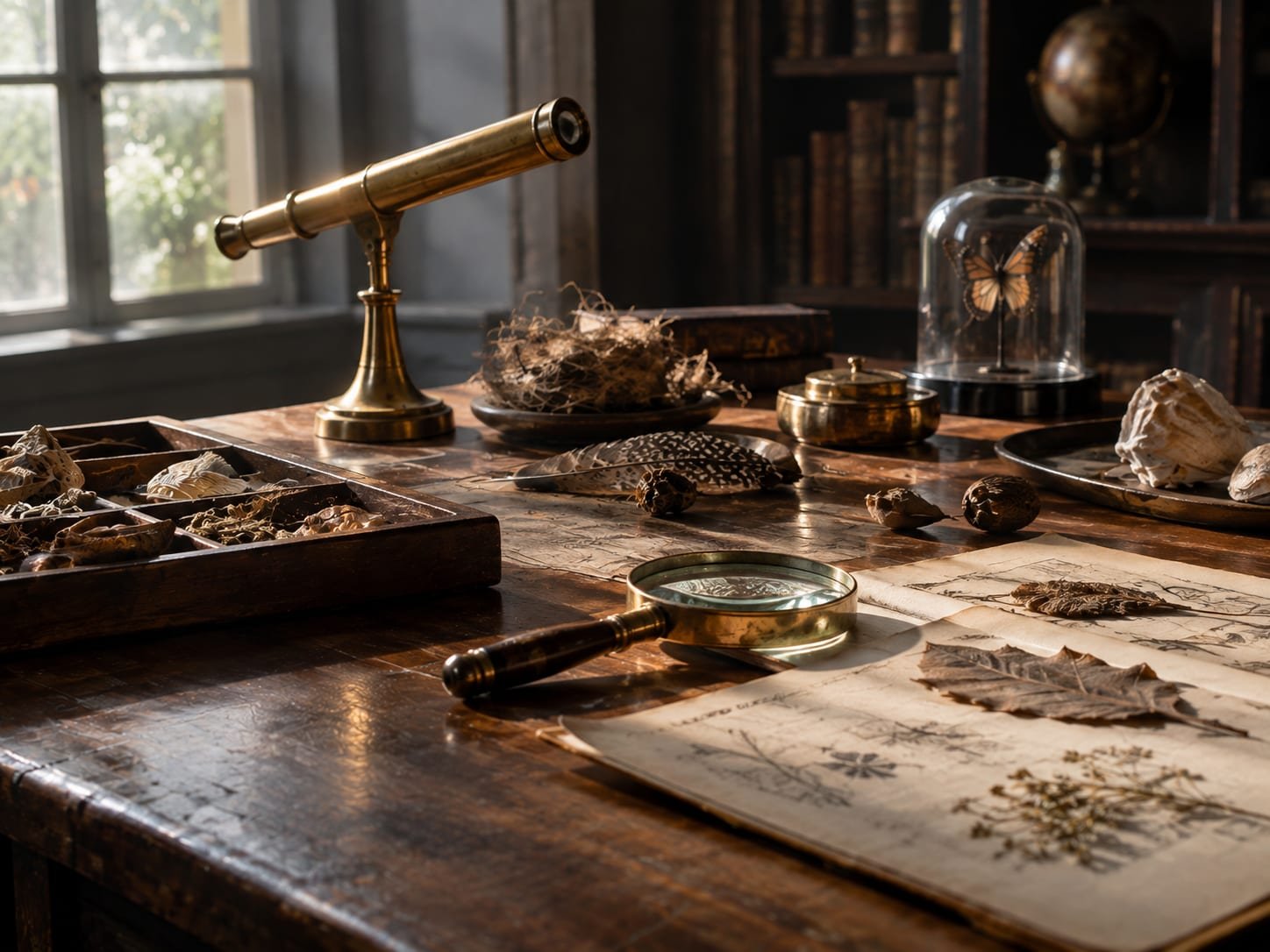 Mesa do século XVIII com lupa de latão, espécimes naturais e um pequeno telescópio