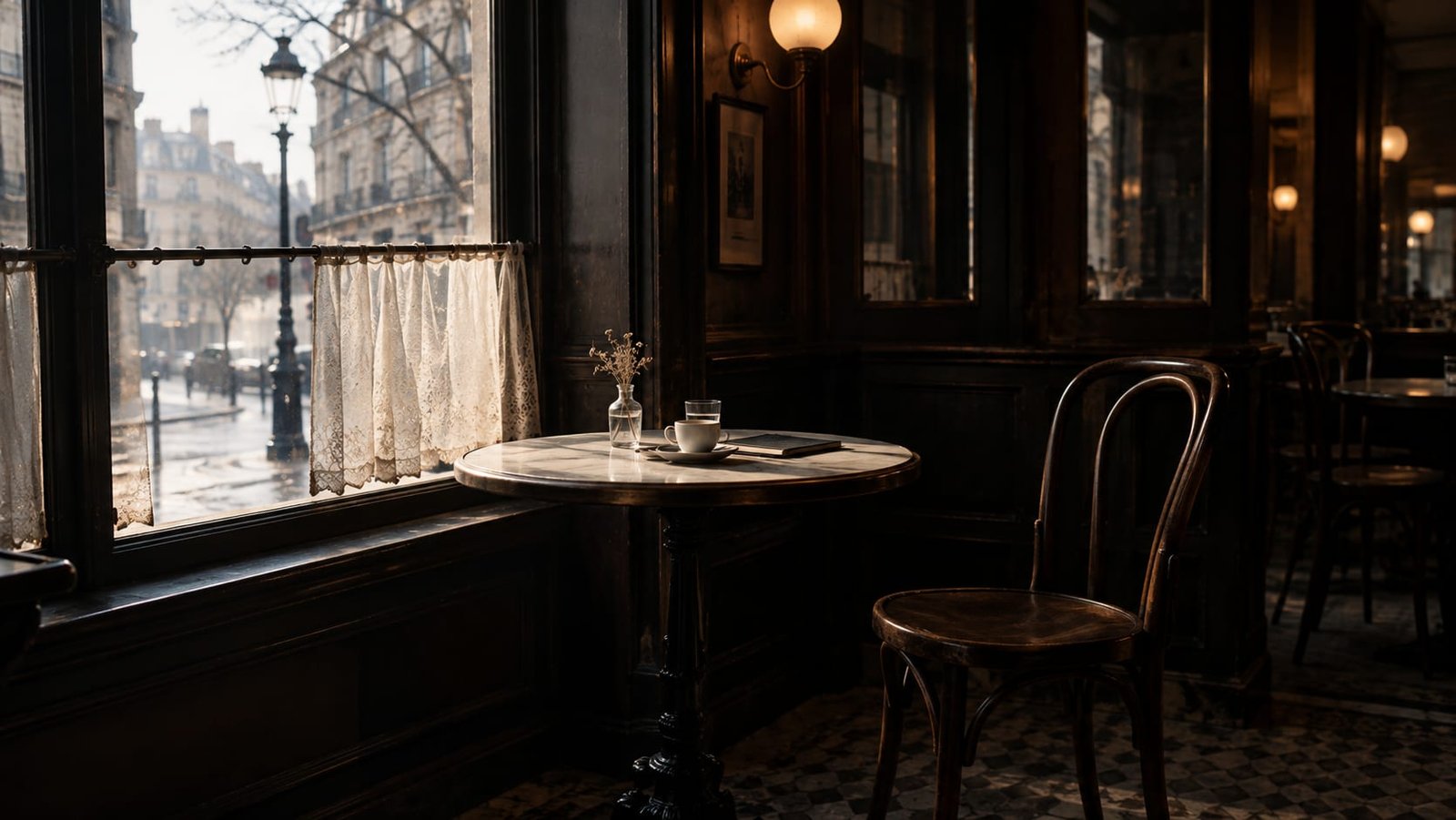 Café europeu do início do século XX com uma mesa de canto vazia e uma cadeira afastada