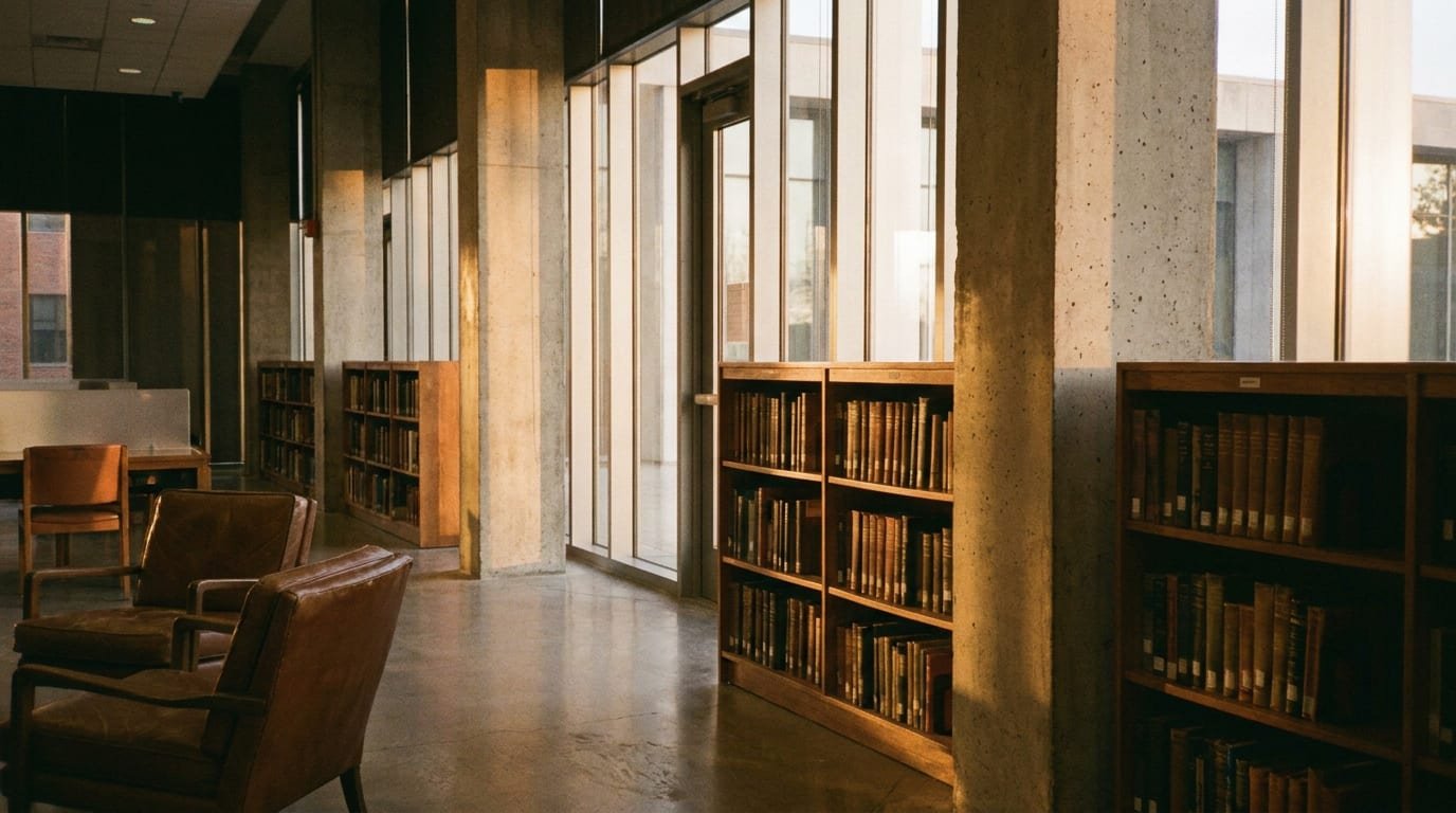 Biblioteca universitária contemporânea de concreto e vidro, sem pessoas