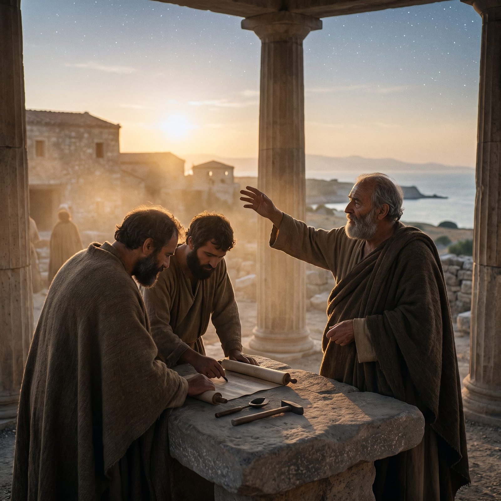 Filósofo grego ensinando dois jovens com um rolo, entre colunas, com o mar ao fundo