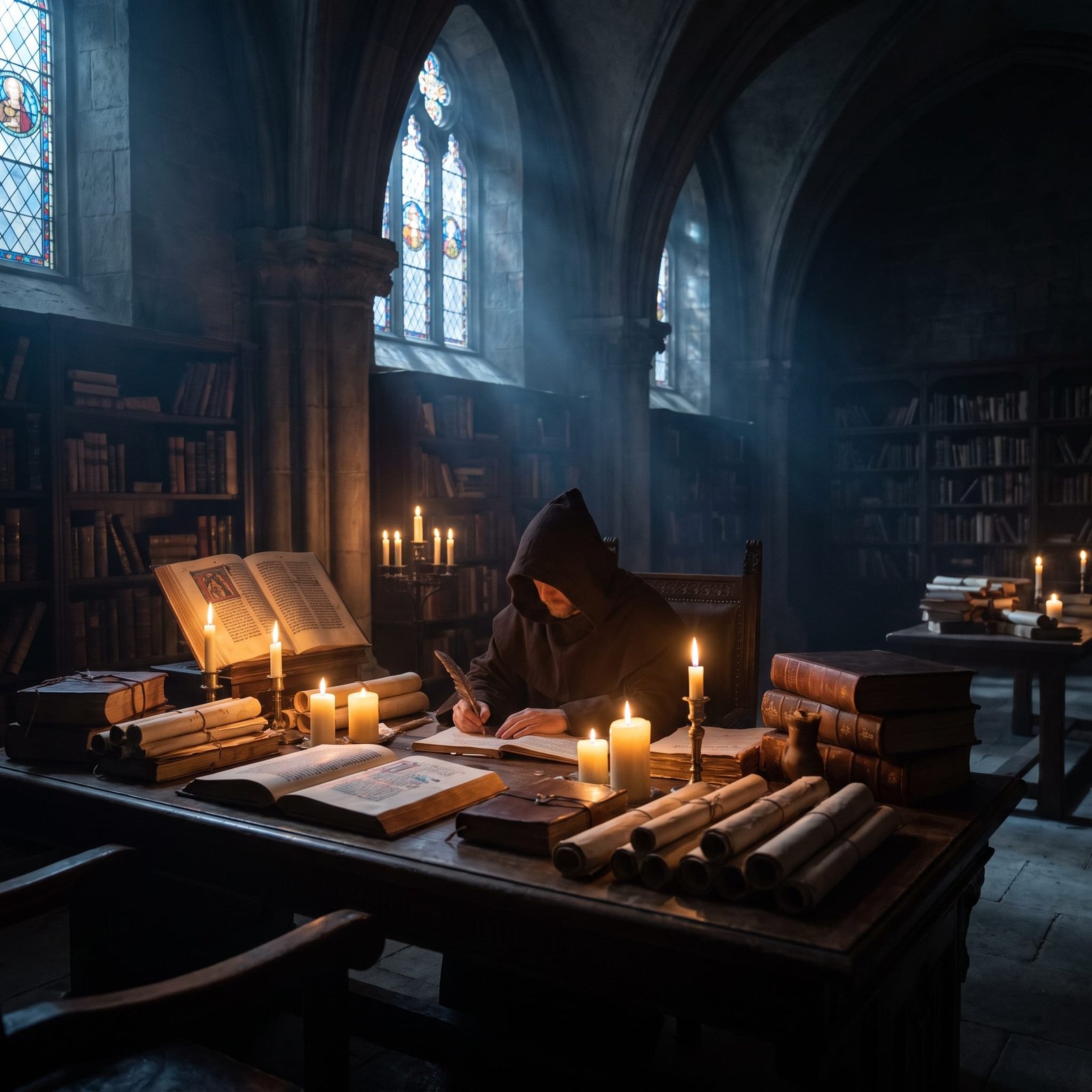 Monge copista escrevendo em um scriptorium gótico à luz de velas