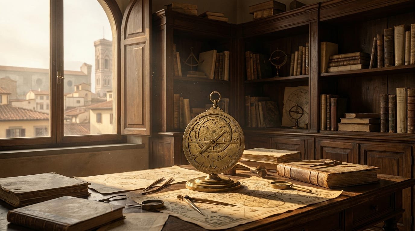 Gabinete de estudos renascentista com astrolábio, mapas e instrumentos de medição