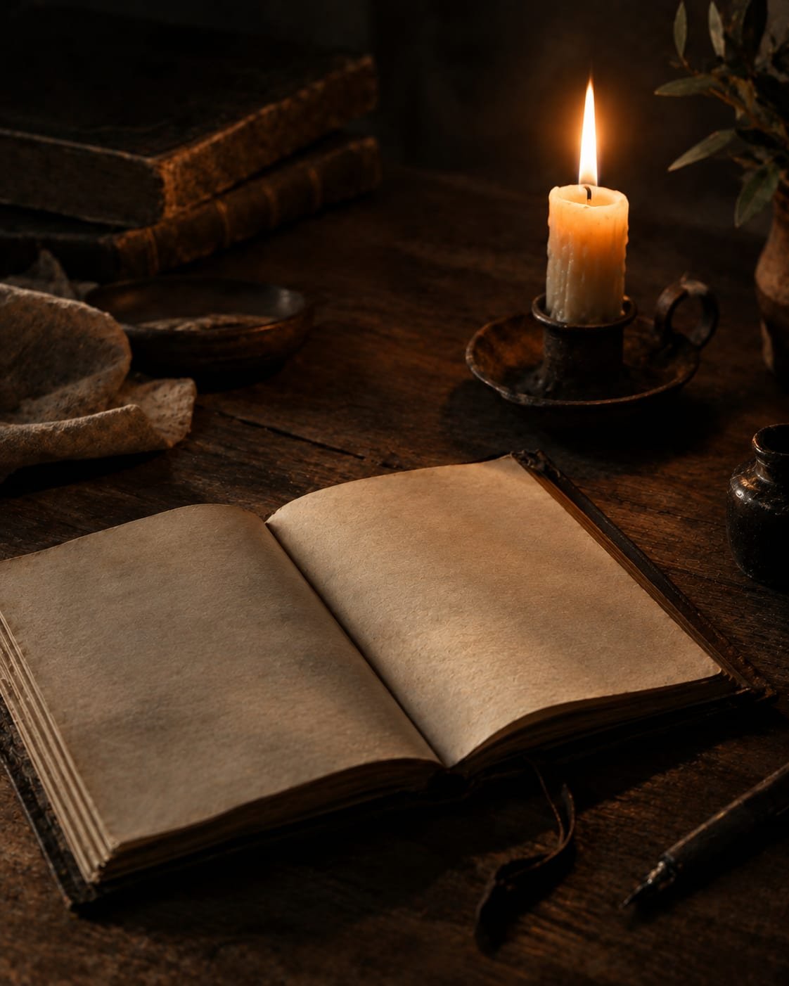 Caderno de couro aberto e em branco ao lado de uma vela acesa, sobre uma mesa escura