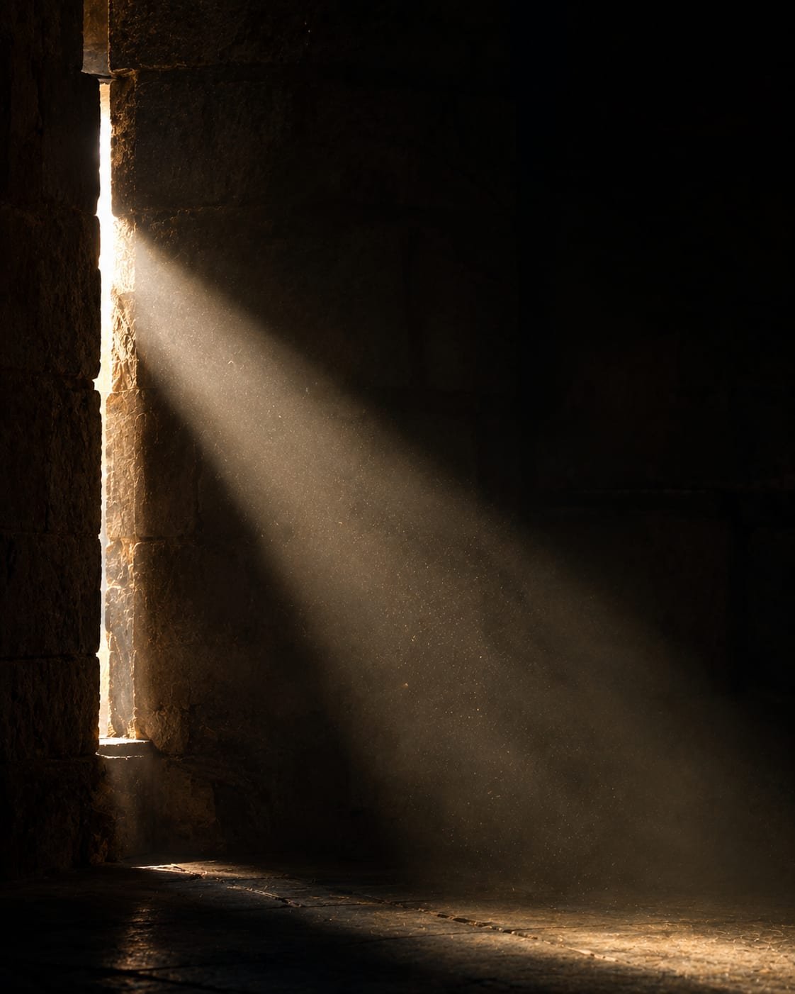 Feixe de luz atravessando uma fenda estreita em paredes de pedra para dentro de um interior escuro