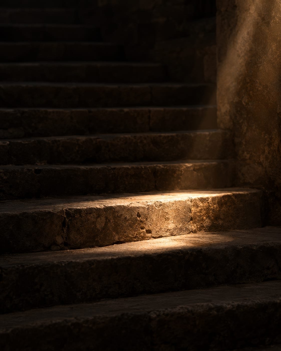 Um degrau de pedra gasto recebendo um feixe de luz enquanto os demais ficam na sombra