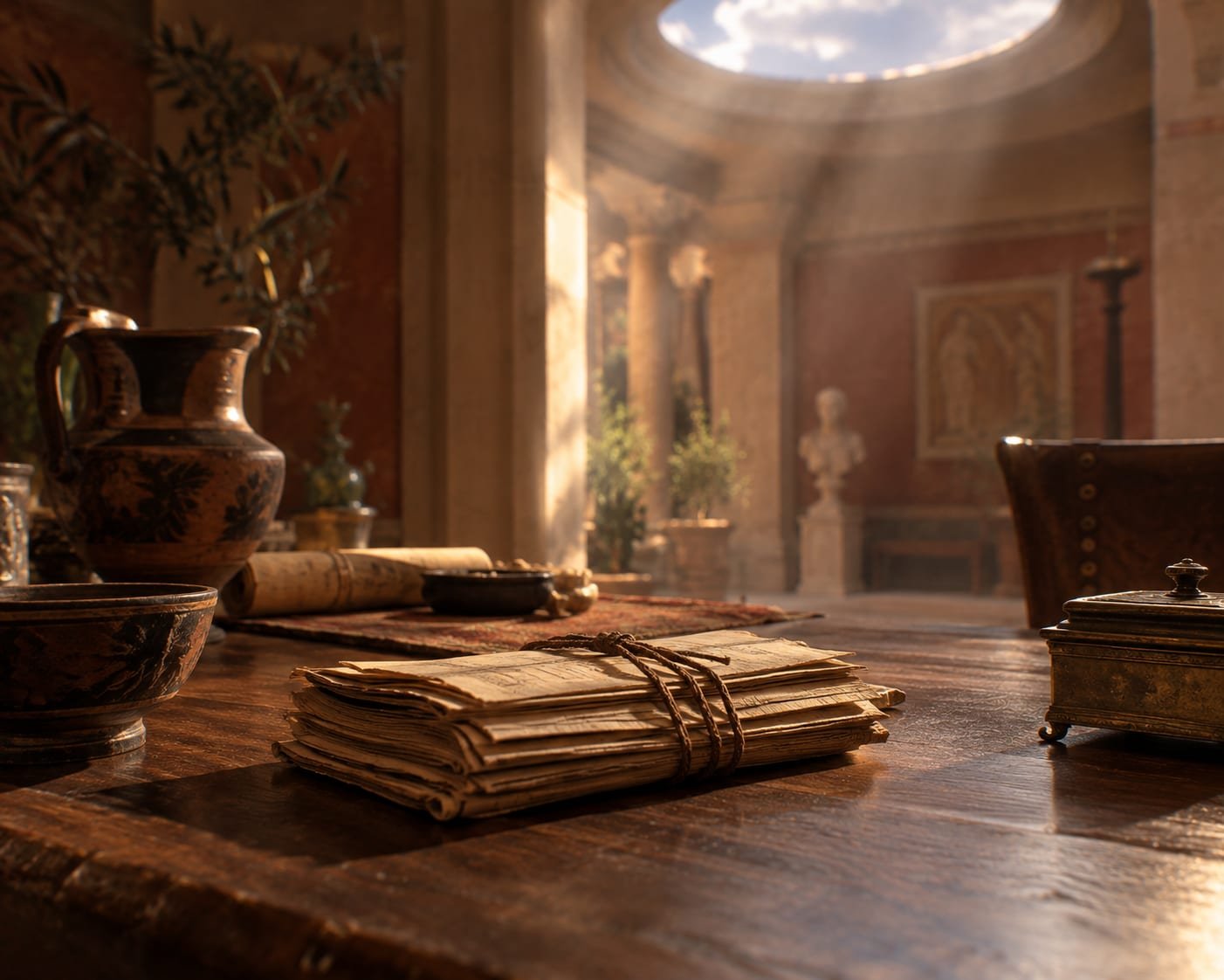 Maço de cartas de papiro amarrado com cordão sobre uma mesa de villa romana