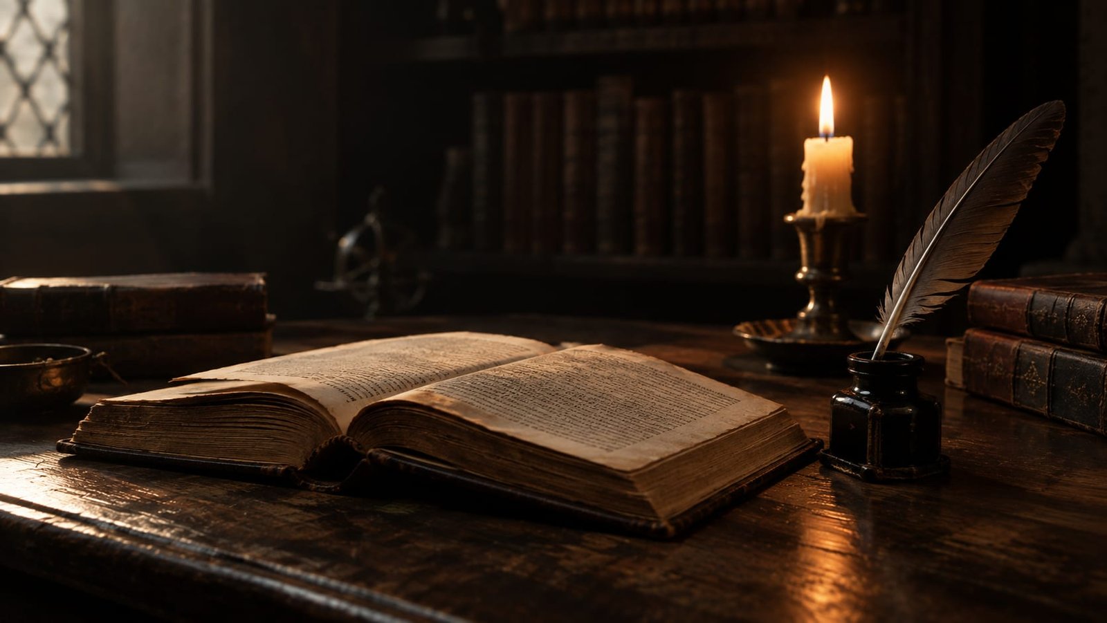 Livro do século XVII aberto ao lado de uma pena e um tinteiro, sobre uma mesa à luz de vela