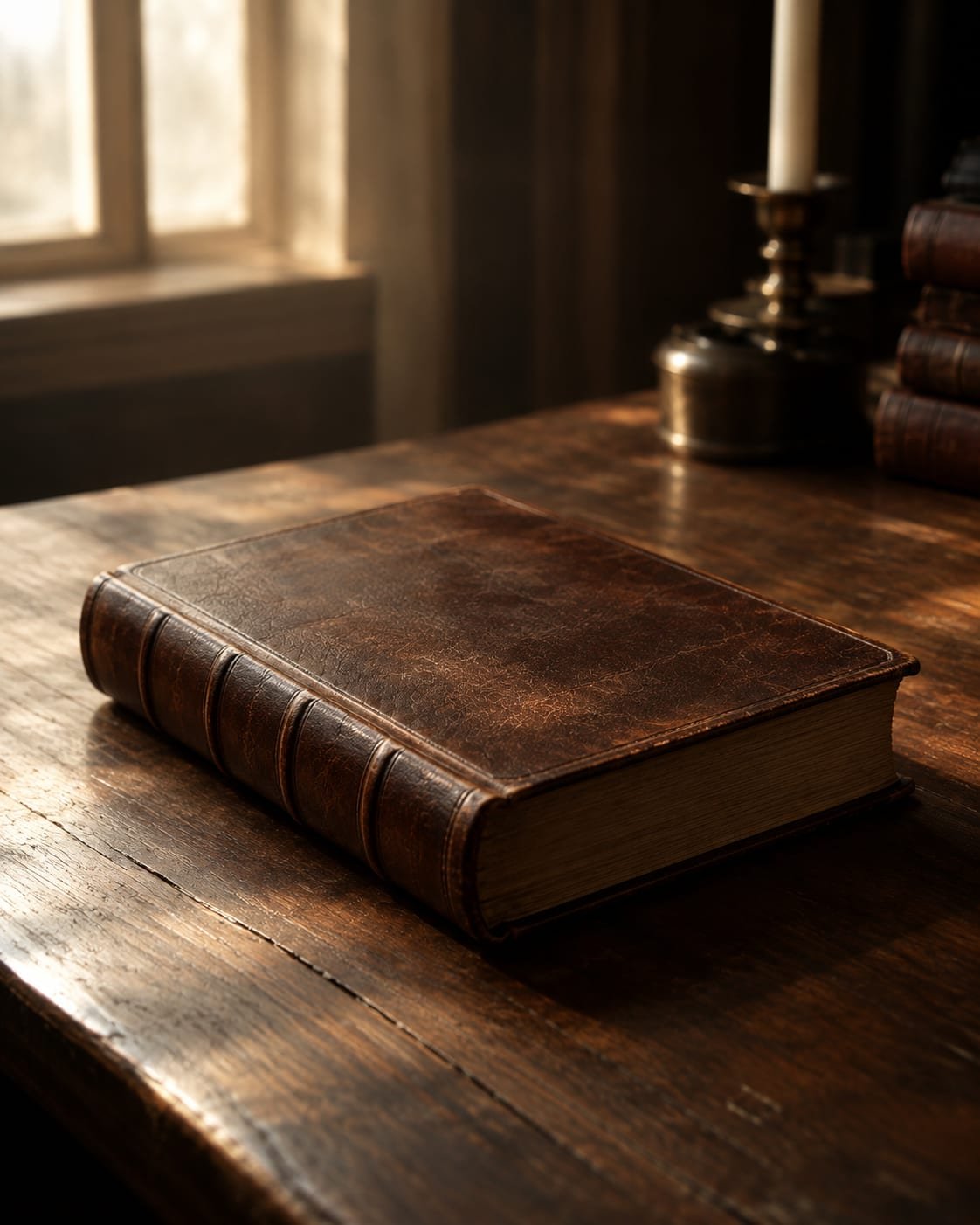 Livro fechado de capa lisa sobre uma mesa de madeira, sob luz lateral suave