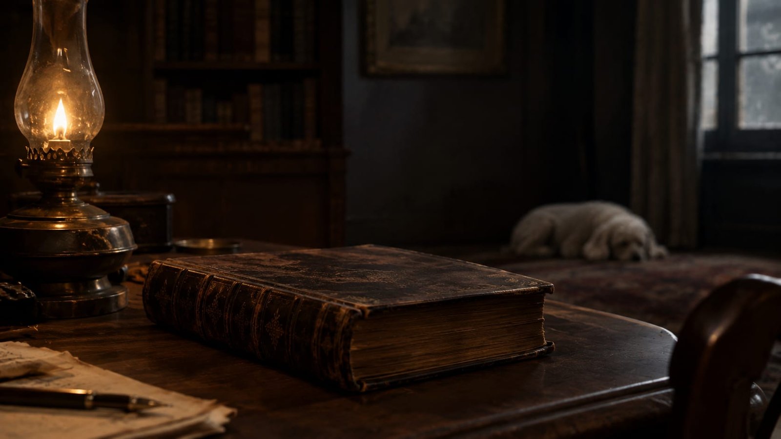 Livro do século XIX sobre uma mesa de estudo ao lado de uma lamparina fraca, com a silhueta de um poodle ao fundo