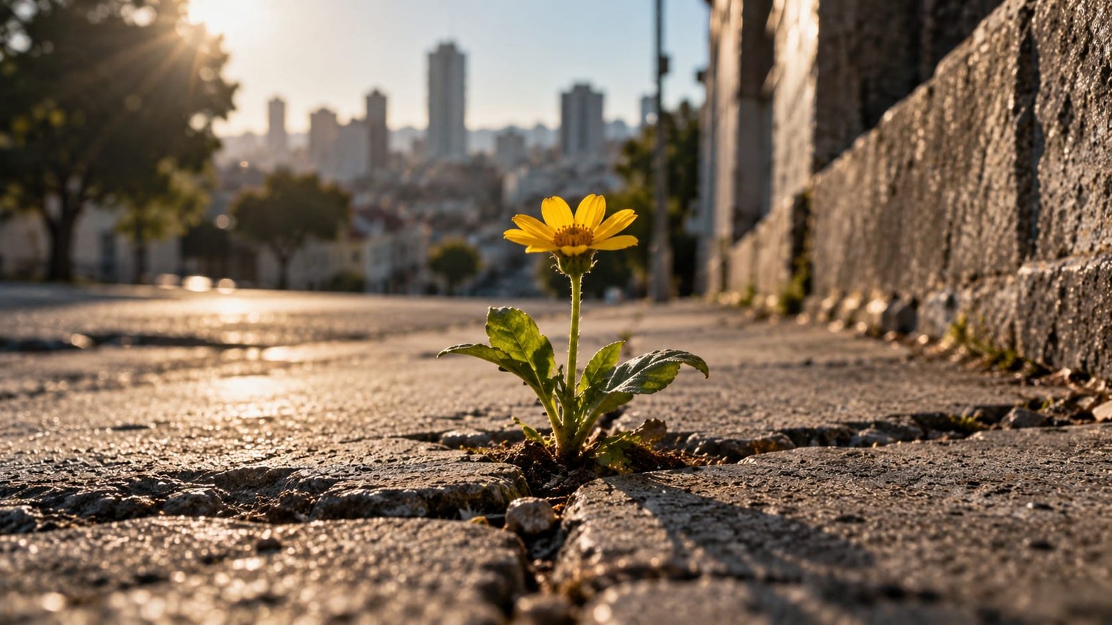 Flor amarela brotando entre rachaduras do concreto de uma calçada, na luz da manhã