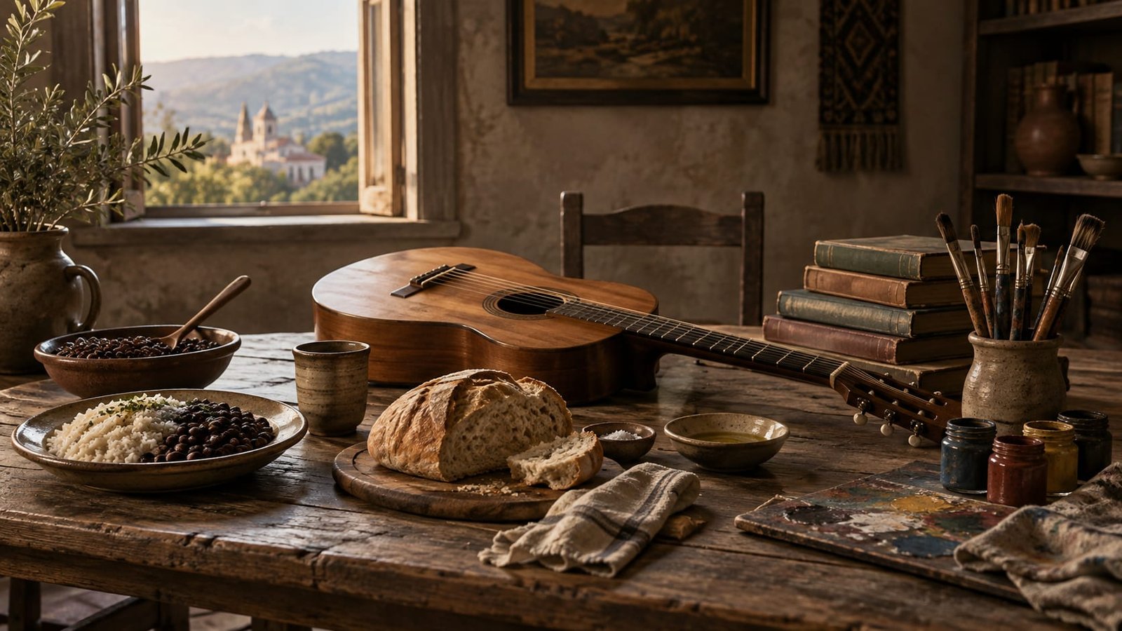 Mesa comprida com pratos simples de comida ao lado de um violão, livros e potes de tinta