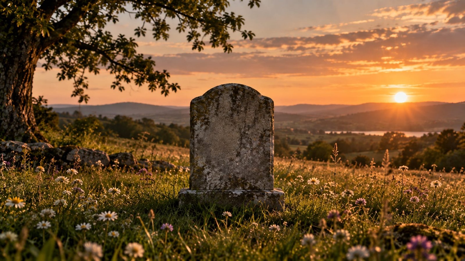 Lápide antiga lisa, sem inscrição legível, em um gramado com flores silvestres ao pôr do sol