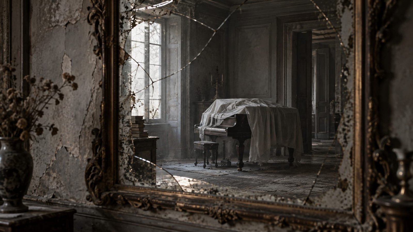 Espelho antigo trincado refletindo uma sala vazia com um piano velho coberto por um pano