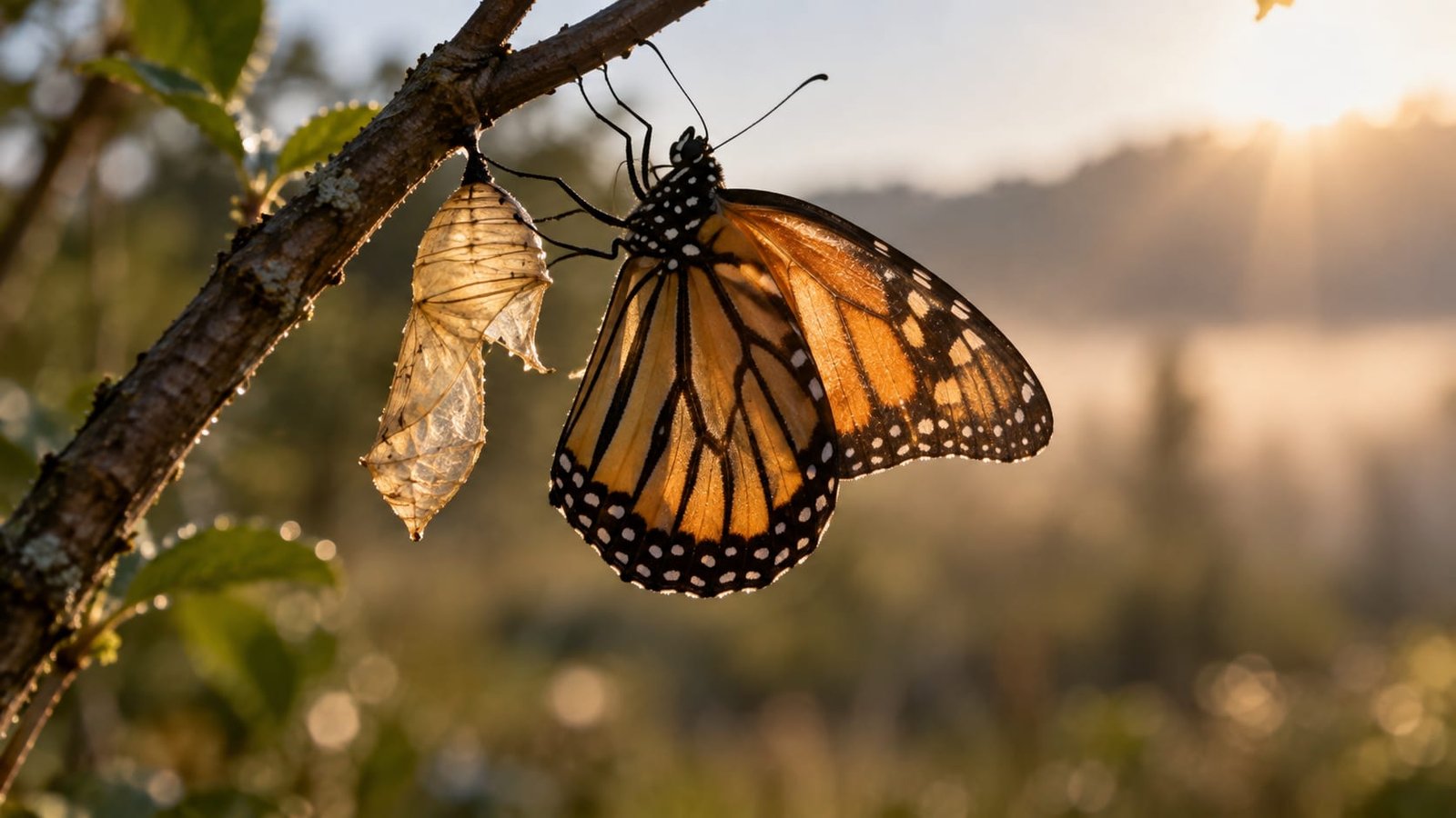 Borboleta recém-saída do casulo aberto, pousada em um galho, em close