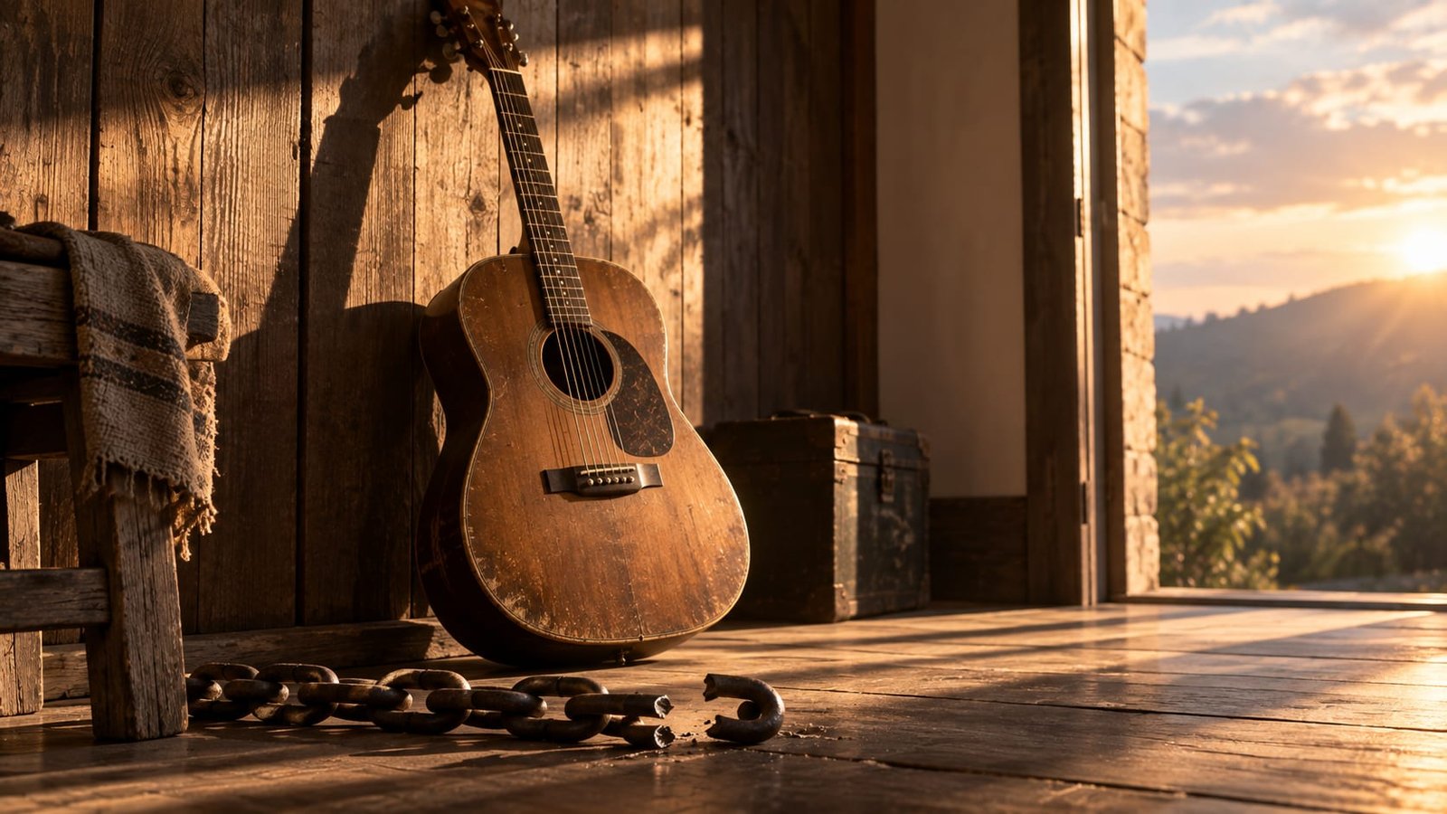 Violão acústico gasto encostado em uma parede de madeira, iluminado pela luz da tarde, com correntes abertas no chão