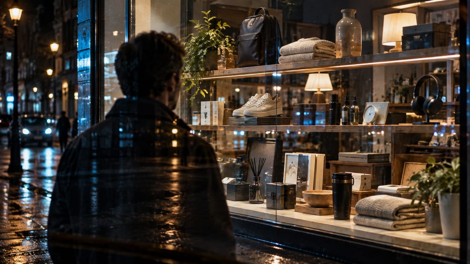 Pessoa de costas diante de uma vitrine iluminada à noite, cheia de produtos sem marca, em uma rua molhada pela chuva